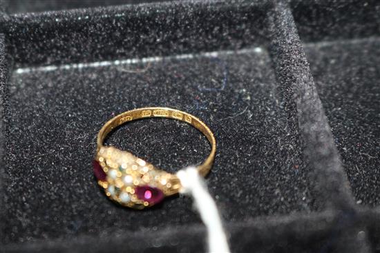 A late Victorian 15ct gold and gem set dress ring, in the suffragette colours, size S.